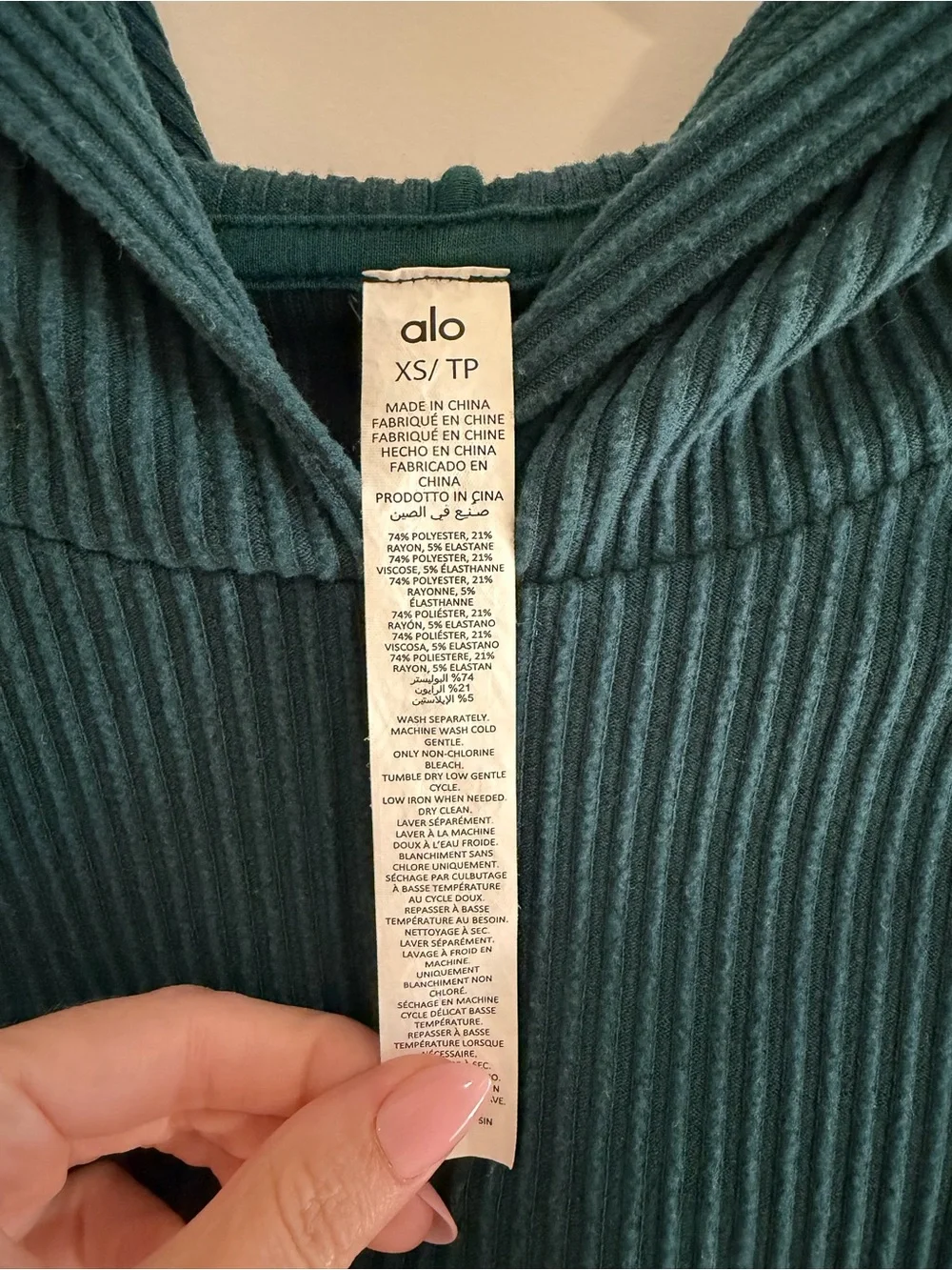 Alo Crop Ribbed Hoodie in Midnight Green